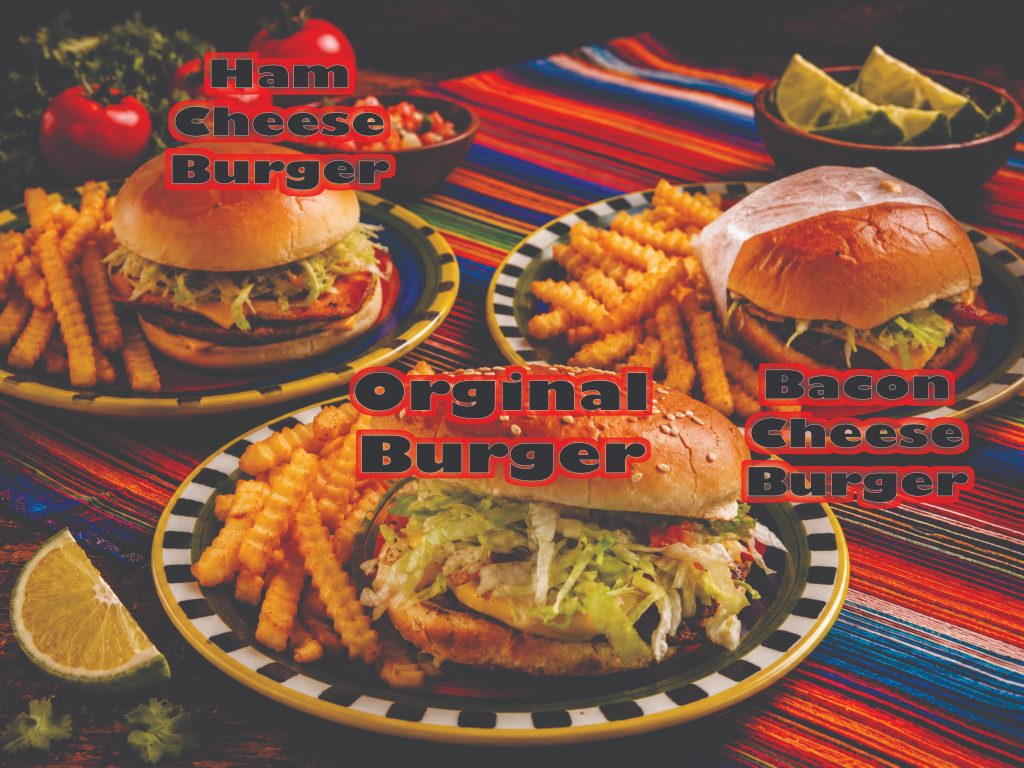 Juicy hamburgers served on toasted buns with fresh toppings at Easy To Go Tacos in Brownsville, TX.