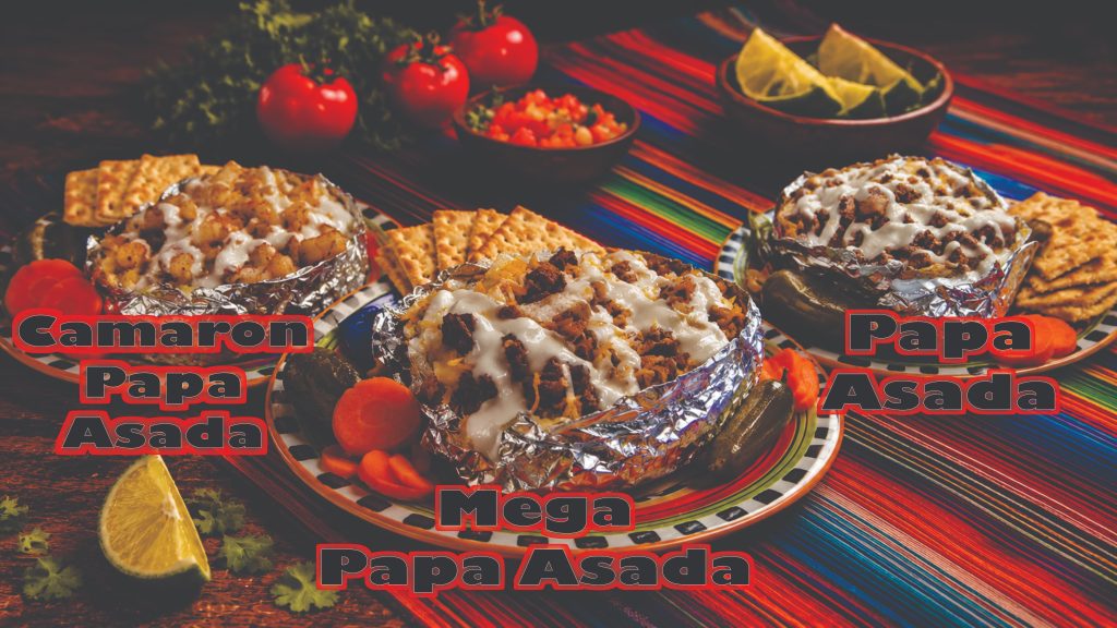Mexican papas asadas, grilled baked potatoes loaded with meat, melted cheese and toppings at Easy To Go Tacos in Brownsville, TX.
