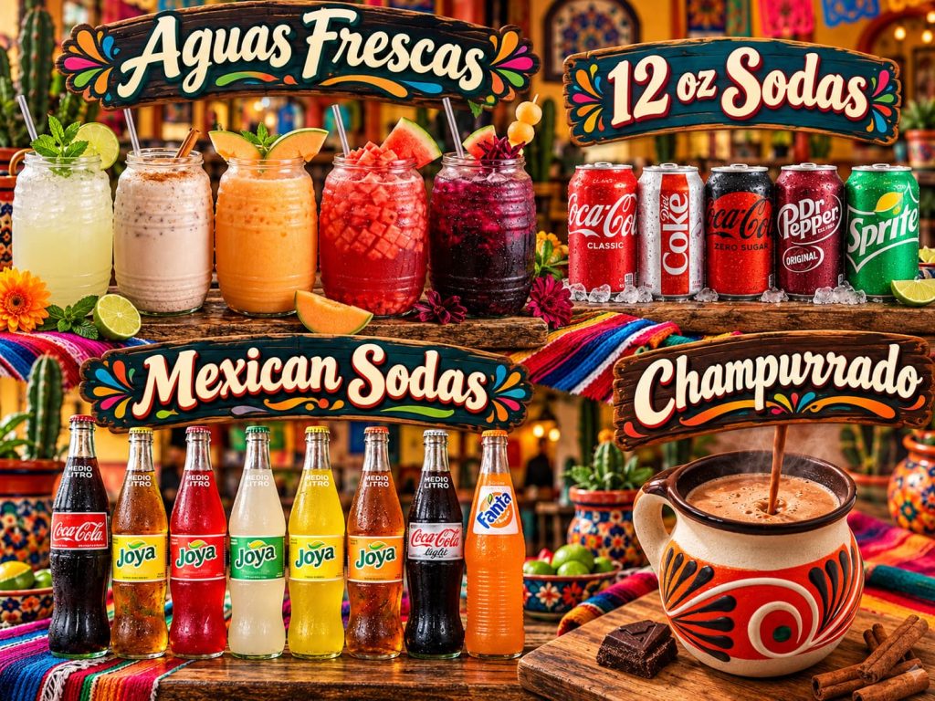 Mexican drinks including bottled sodas, aguas frescas and traditional champurrado available at Easy To Go Tacos in Brownsville, TX.