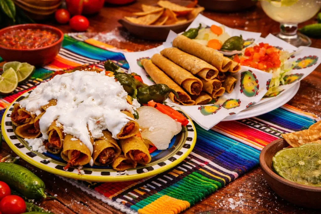 Original and supreme Mexican flautas at Easy To Go Tacos in Brownsville, TX, served with sour cream, cheese and fresh toppings.