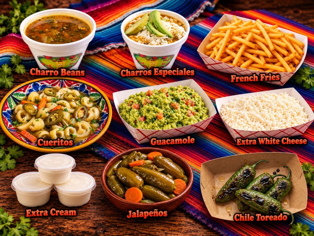 Mexican restaurant sides and extras at Easy To Go Tacos in Brownsville, TX, including beans, guacamole, jalapeños and other accompaniments.