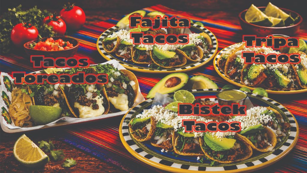 Assorted Mexican tacos with different meat fillings and fresh toppings featured on the Easy To Go Tacos menu in Brownsville, TX.